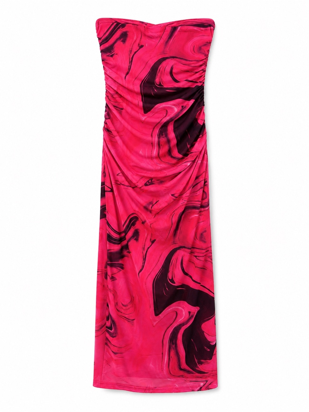 Strapless Pink Marble-Print Maxi Dress Ruched fitted Small